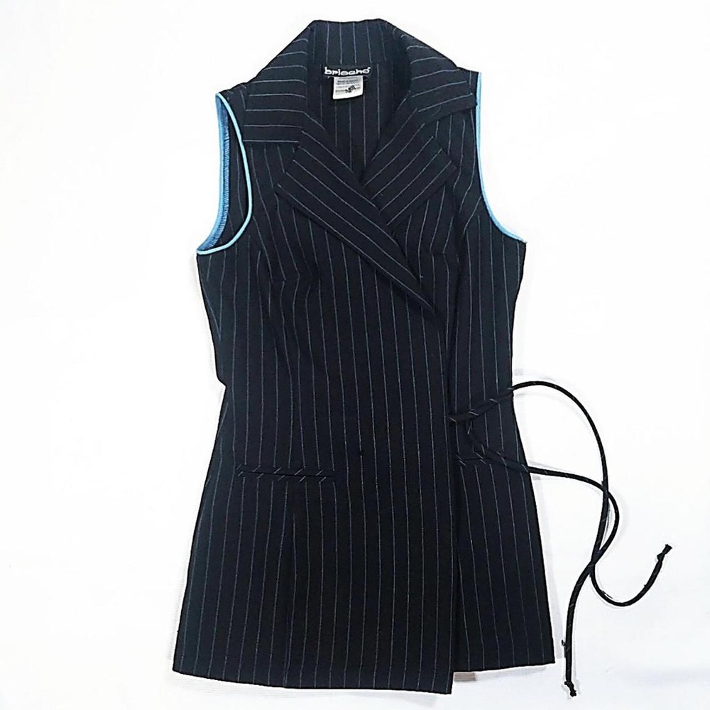 Vintage black and blue pinstripe sleeveless mini dress vest by brand Brioche